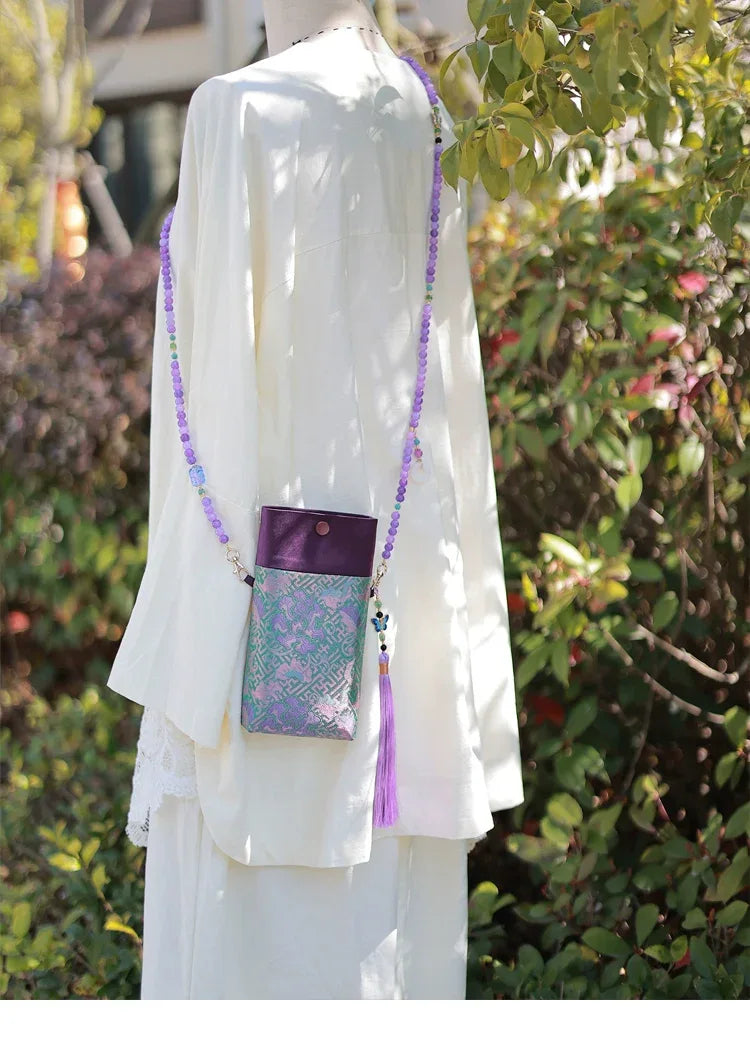 Floral Motif Bag | Color-Block Canvas Crossbody with Beaded Strap - Yandan_Hanfu