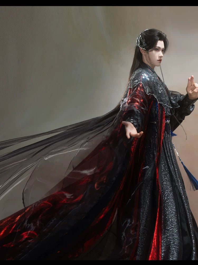 Black and red layered wuxia robe outfit — worn garment view 20