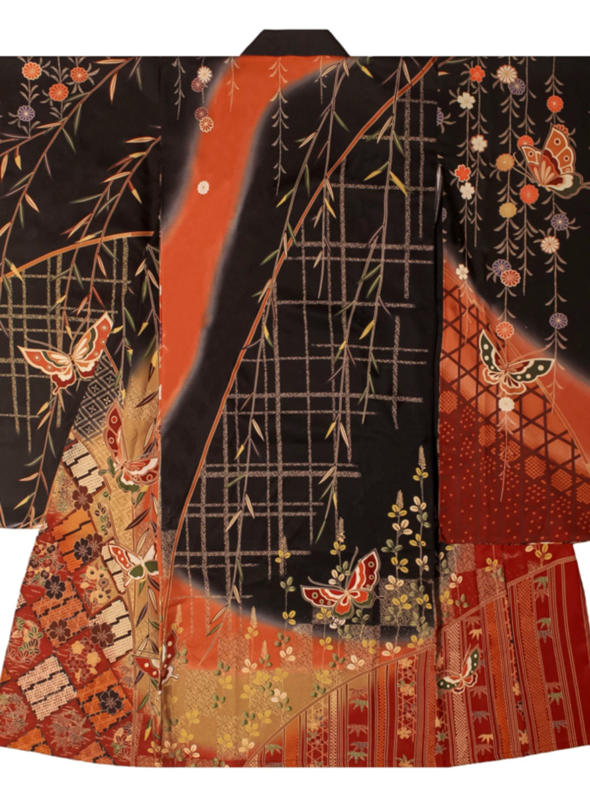 Flat-lay of a black butterfly kimono showcasing intricate Japanese patterns.