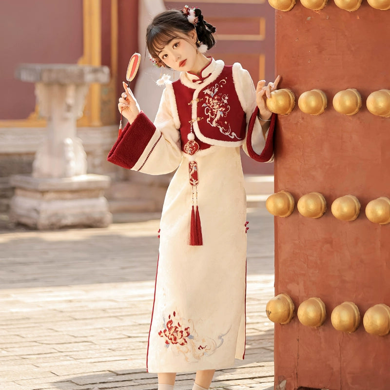 autumn and winter lolita spring dawn Chinese style short vest new year red robe long sleeve op cheongsam dress