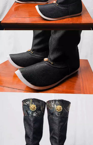 Multiple angles of men's Hanfu wedding boots with black fabric, gold embroidery, and flat soles, perfect for traditional events.