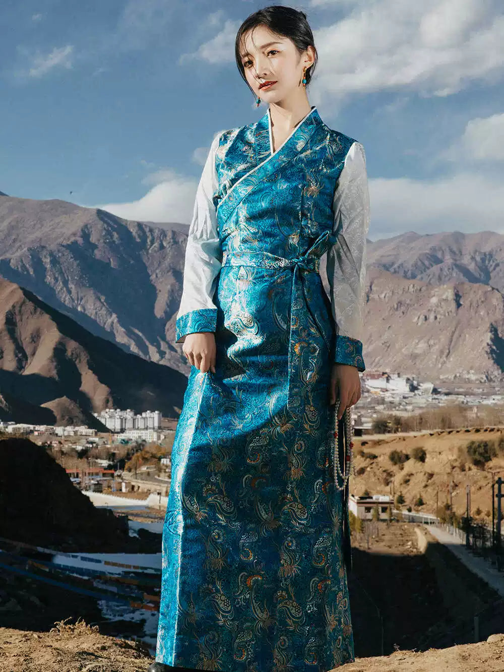 Blue Satin Tibetan Long Dress | Women's Traditional Bora Dress Xizang Clothing