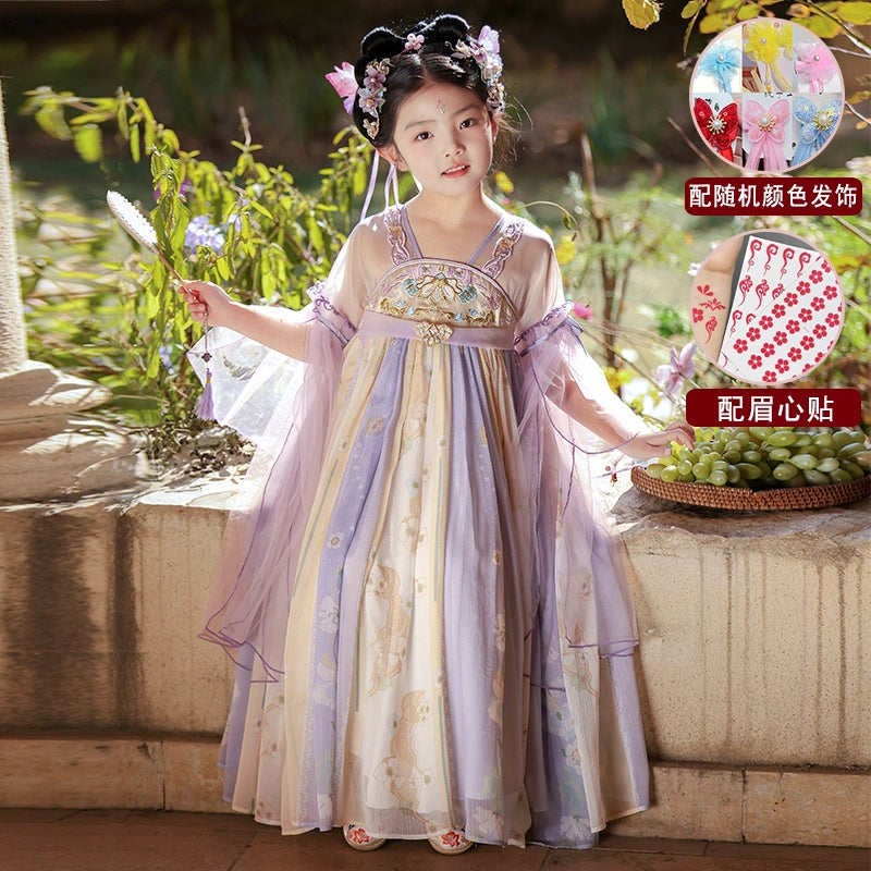 Tang Dynasty Purple Hanfu girls summer dress with included accessories like hairpins and forehead stickers, perfect for cultural dress-up.