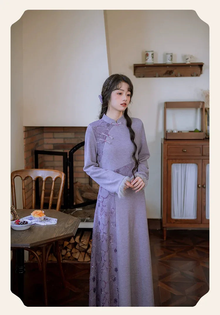 ''Falling Grace Lace Qipao Cheongsam Dress & Faux Fur Jacket Winte Blue purple (coat) / M ''Falling Grace Lace Qipao Cheongsam Dress & Faux Fur Jacket Winte Blue purple (coat) / M