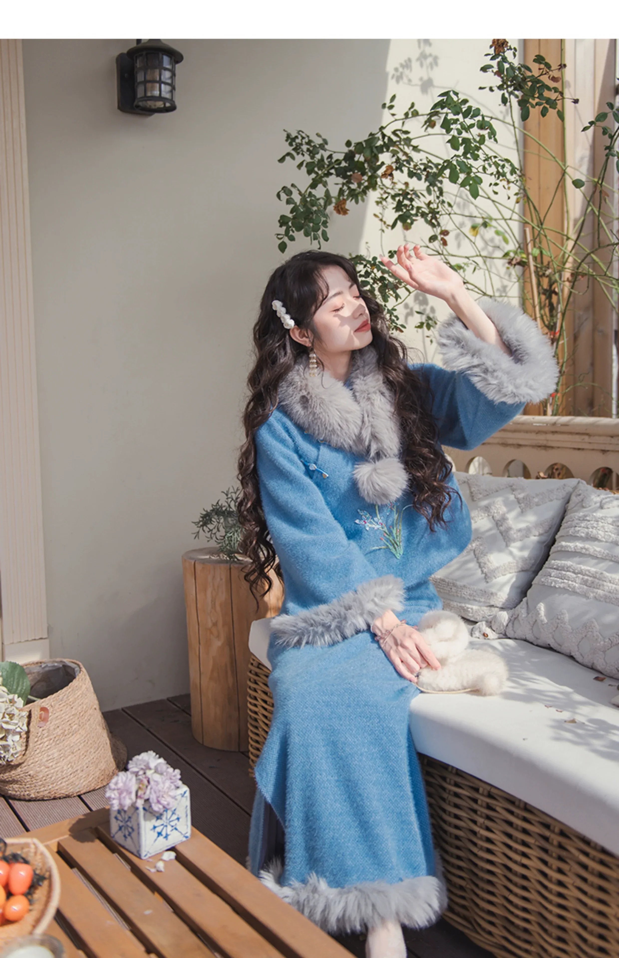 Blue Orchid Modern Qipao Tow piece Set Winter Chinese Style Outfit One Set / M Blue Orchid Modern Qipao Tow piece Set Winter Chinese Style Outfit One Set / M
