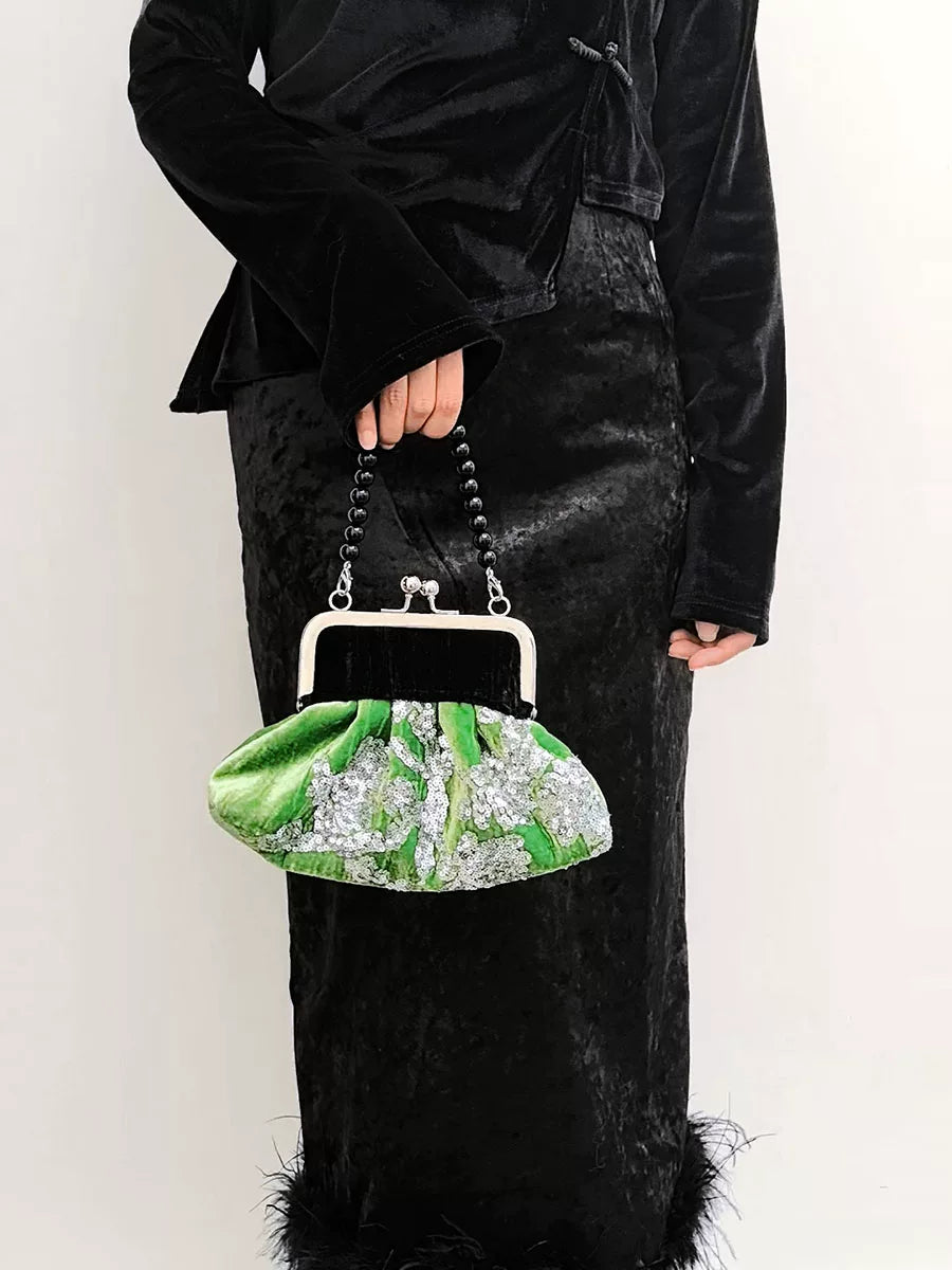 Original "Silver Pine" New Chinese style, retro temperament, advanced sense, sequined silk velvet handbag