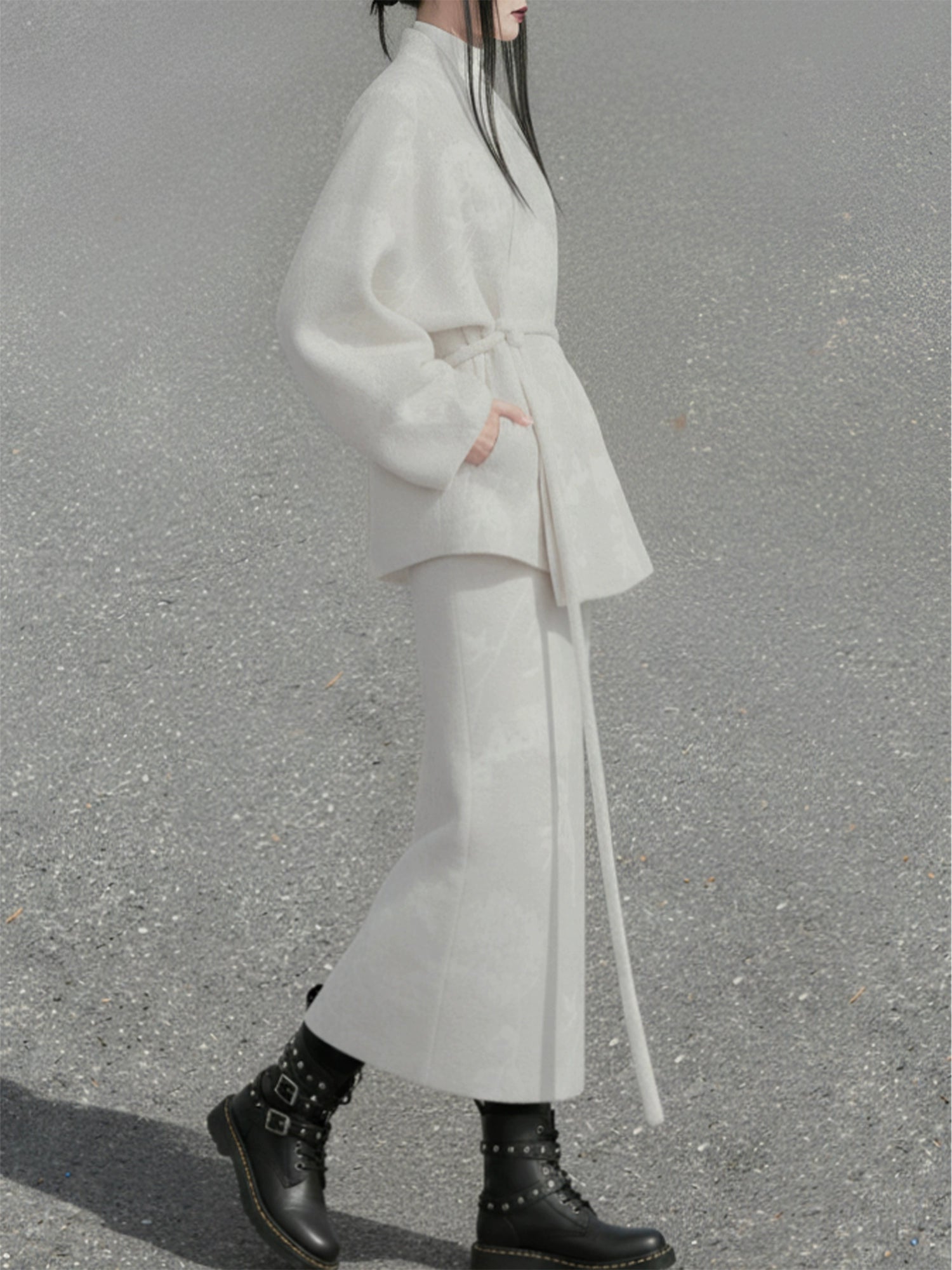 Hydrangea Ivory – Wool Cross-Collar Jacket & Straight Skirt Set | Soft Elegant New Chinese Style Outfit