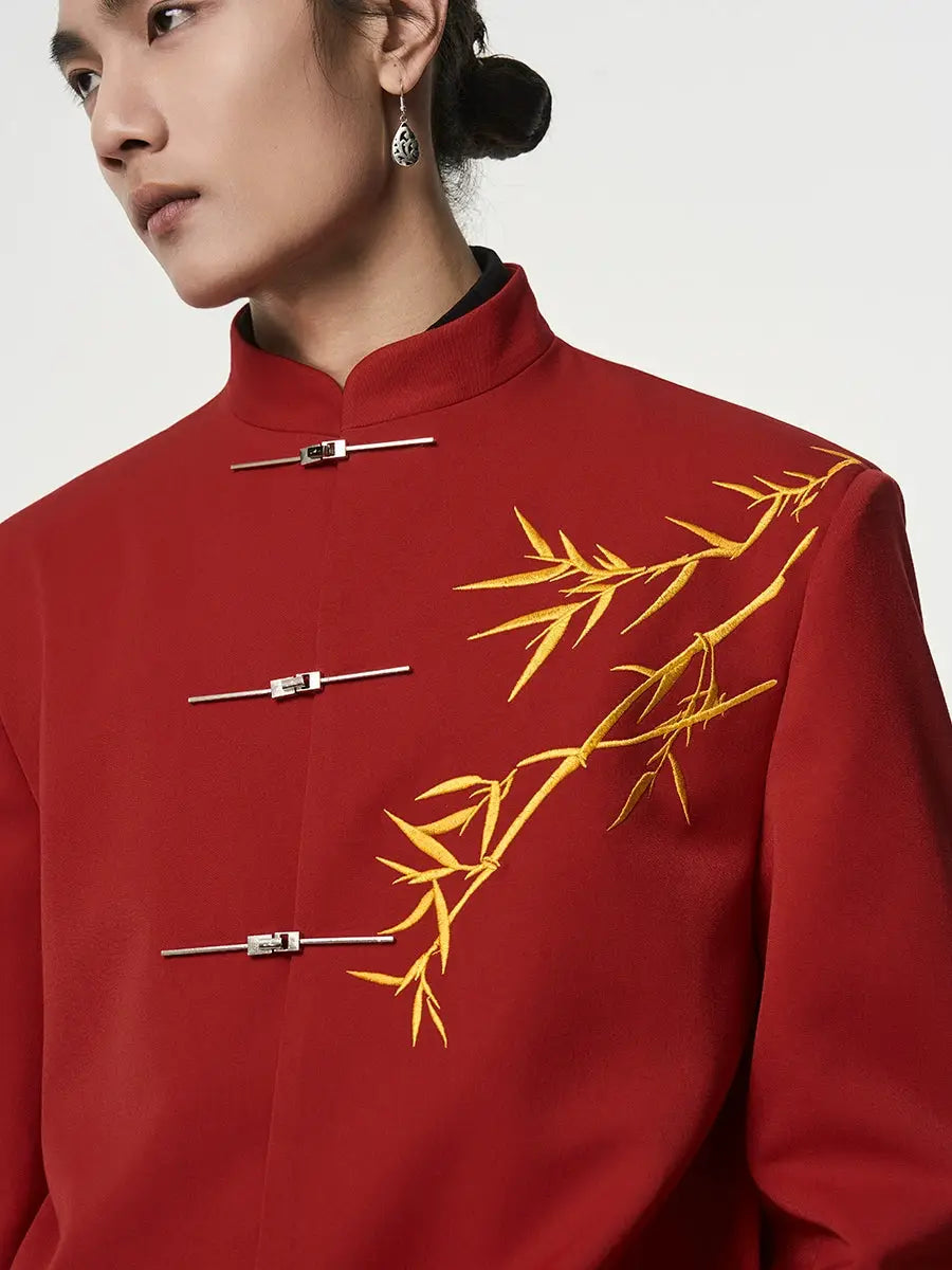 [Erwen · Golden Bamboo] Red Mandarin Collar Blazer – New Chinese Embroidered Suit for Elegant Occasions