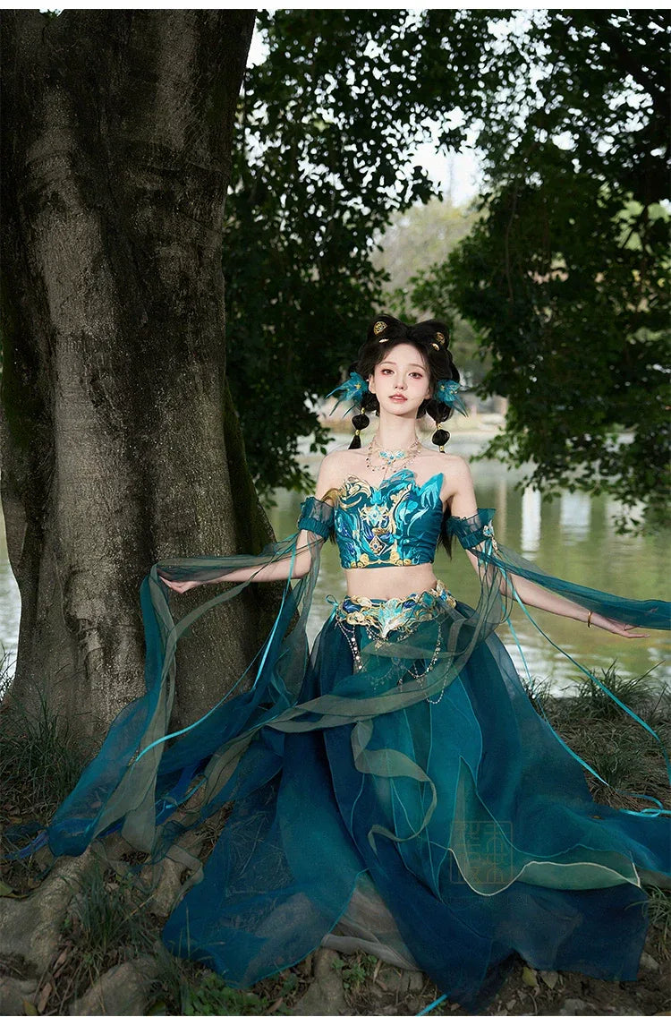 Blue Hanfu women's Dress exotic style Butterfly Cosplay Daji set (tube top + feather sleeves + special-shaped skirt + waist chain + necklace) / M Blue Hanfu women's Dress exotic style Butterfly Cosplay Daji set (tube top + feather sleeves + special-shaped skirt + waist chain + necklace) / M