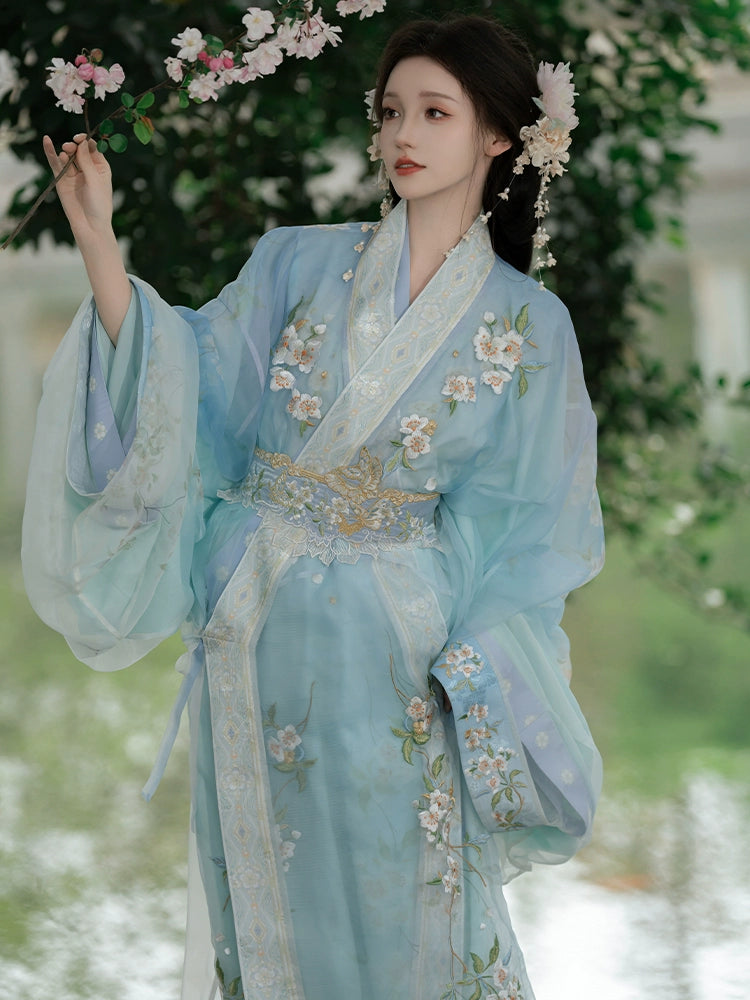 Blue Pear Blossom Moonlight – Traditional Hanfu Robe with Embroidered Jacquard Train