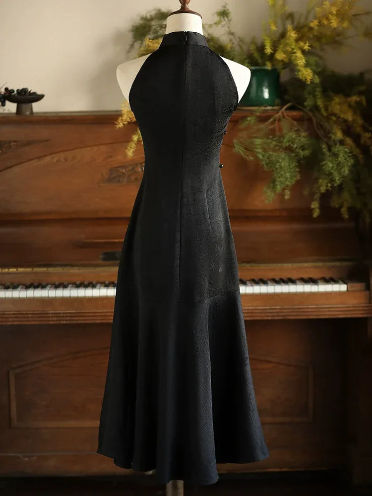Black Qipao Dress – New Chinese Style Plus Size Vintage-Inspired Elegant Daily Cheongsam for Women - Yandan_Hanfu