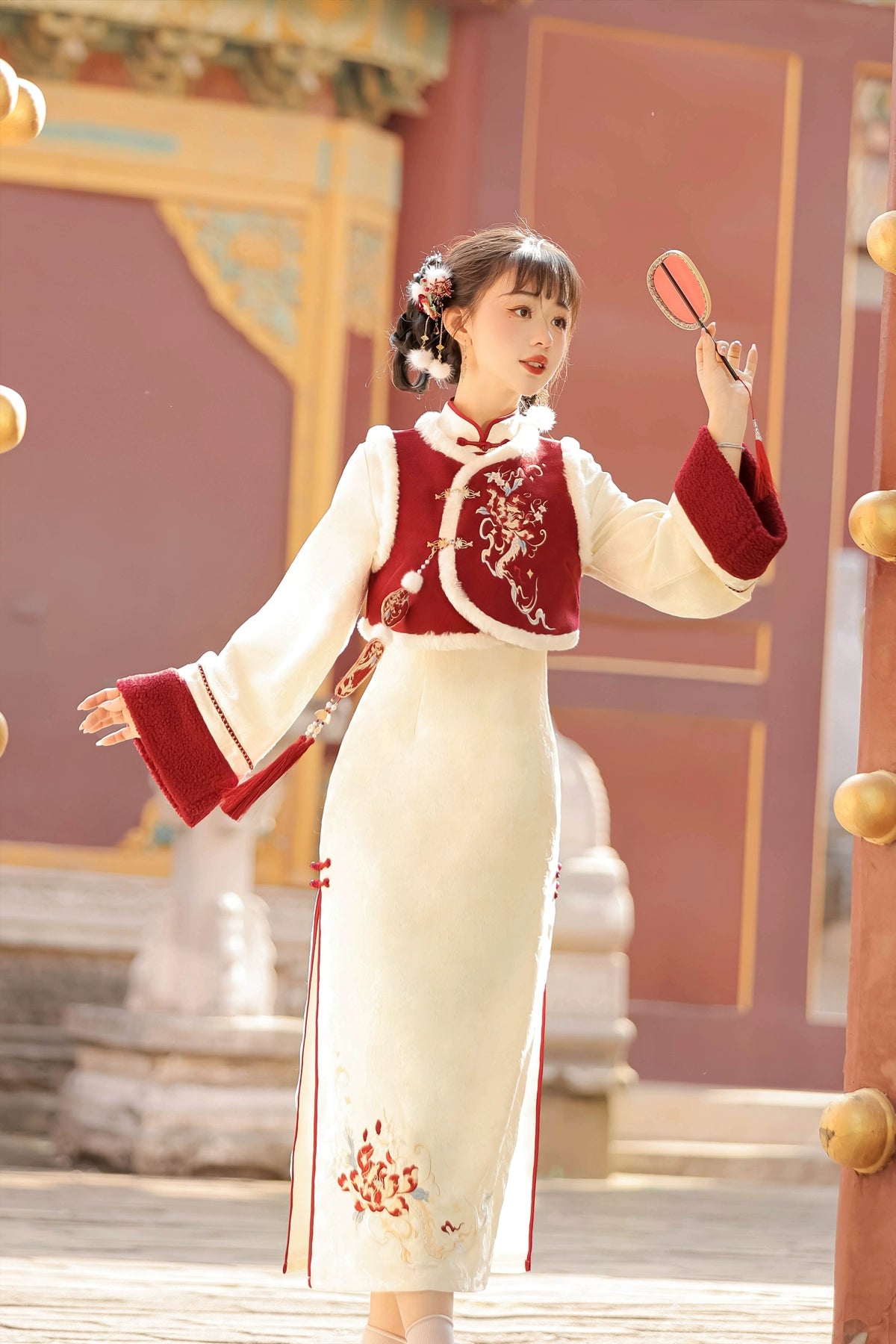 autumn and winter lolita spring dawn Chinese style short vest new year red robe long sleeve op cheongsam dress