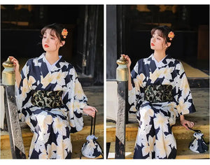 Collage of a woman seated in a Japanese kimono dress, showcasing its floral pattern and traditional styling with an obi belt.