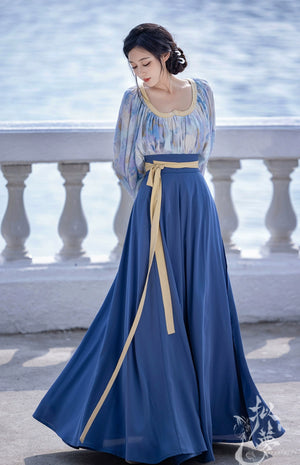 This blue modern hanfu features elegant hanfu sleeves, a stylish hanfu jacket, and timeless charm. Perfect for a princess hanfu dress, fairy hanfu dress, or casual hanfu, it suits every hanfu woman. Layer with a hanfu shirt or wear as a modern hanfu dress, inspired by Ming Dynasty hanfu. Ideal for hanfu cosplay or as a cozy winter hanfu, it’s available at our trusted hanfu shop. Wondering where to buy hanfu? Start here for authentic styles.