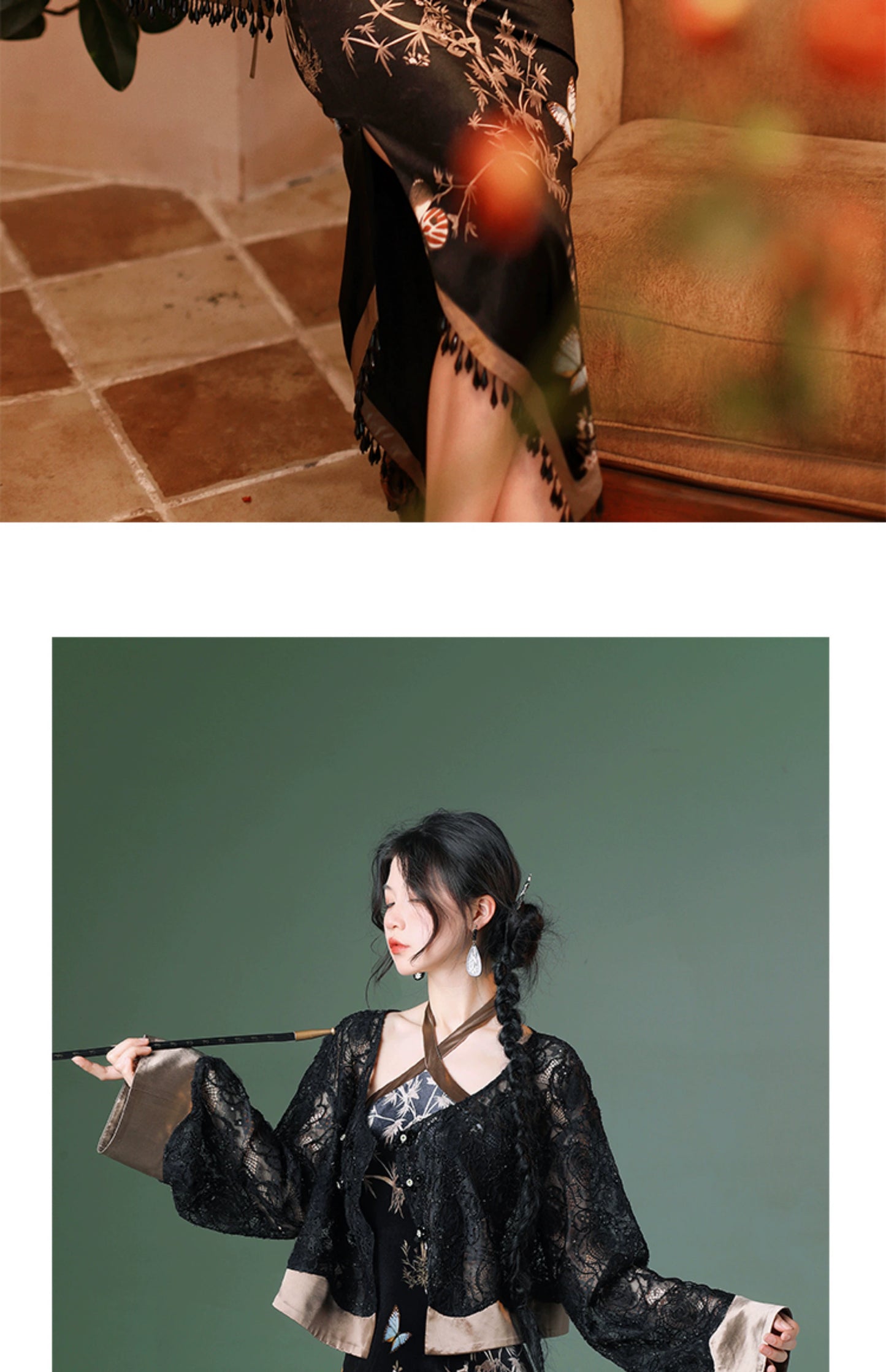 Incense two-piece set | Chinese summer thin velvet neck coat summer Cheongsam Dress