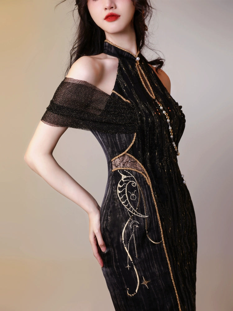 Aries Goldflow – Textured Satin Mermaid Qipao Dress from the Zodiac Collection
