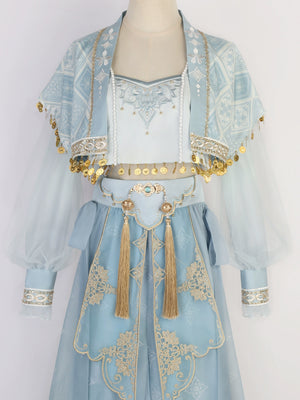 Detailed front view of blue Hanfu Princess Jasmine suit by 【Cloud Traveler】, showcasing gold tassels and ethnic embroidery.