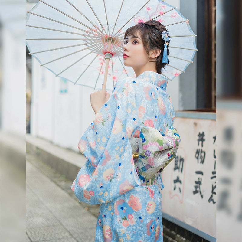 Light blue flower, cute girly style kimono yukata, gentle Japanese modified women's kimono dress