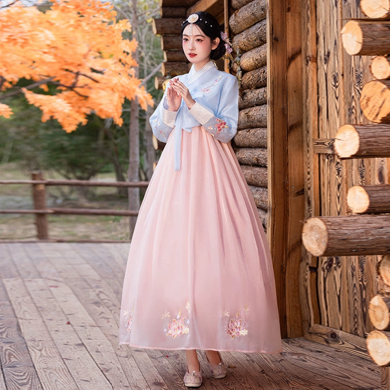 Traditional Korean hanbok in pastel blue and pink, featuring elegant embroidery and a flowing silhouette.