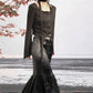 Step into sophistication with our New Chinese-inspired ensemble: a dark fishtail skirt paired elegantly with a black trumpet sweater top. Accentuated with sequined feather satin details, this ensemble exudes luxury and modern elegance. Explore our collection for timeless pieces that seamlessly blend classic Chinese style with contemporary design sensibilities.