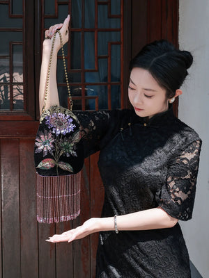 Embroidered Butterflies Black Bag | Canvas Crossbody with Beaded Chain - Yandan_Hanfu