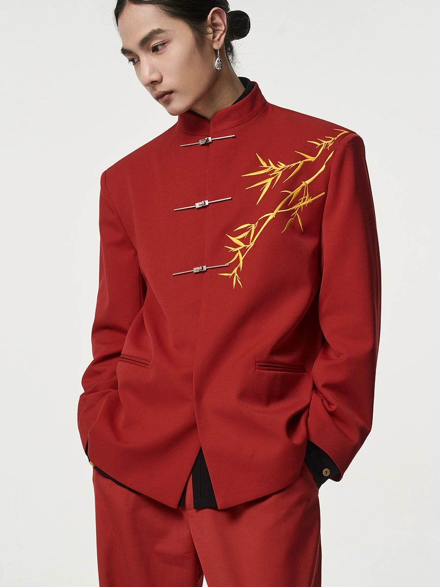 [Erwen · Golden Bamboo] Red Mandarin Collar Blazer – New Chinese Embroidered Suit for Elegant Occasions