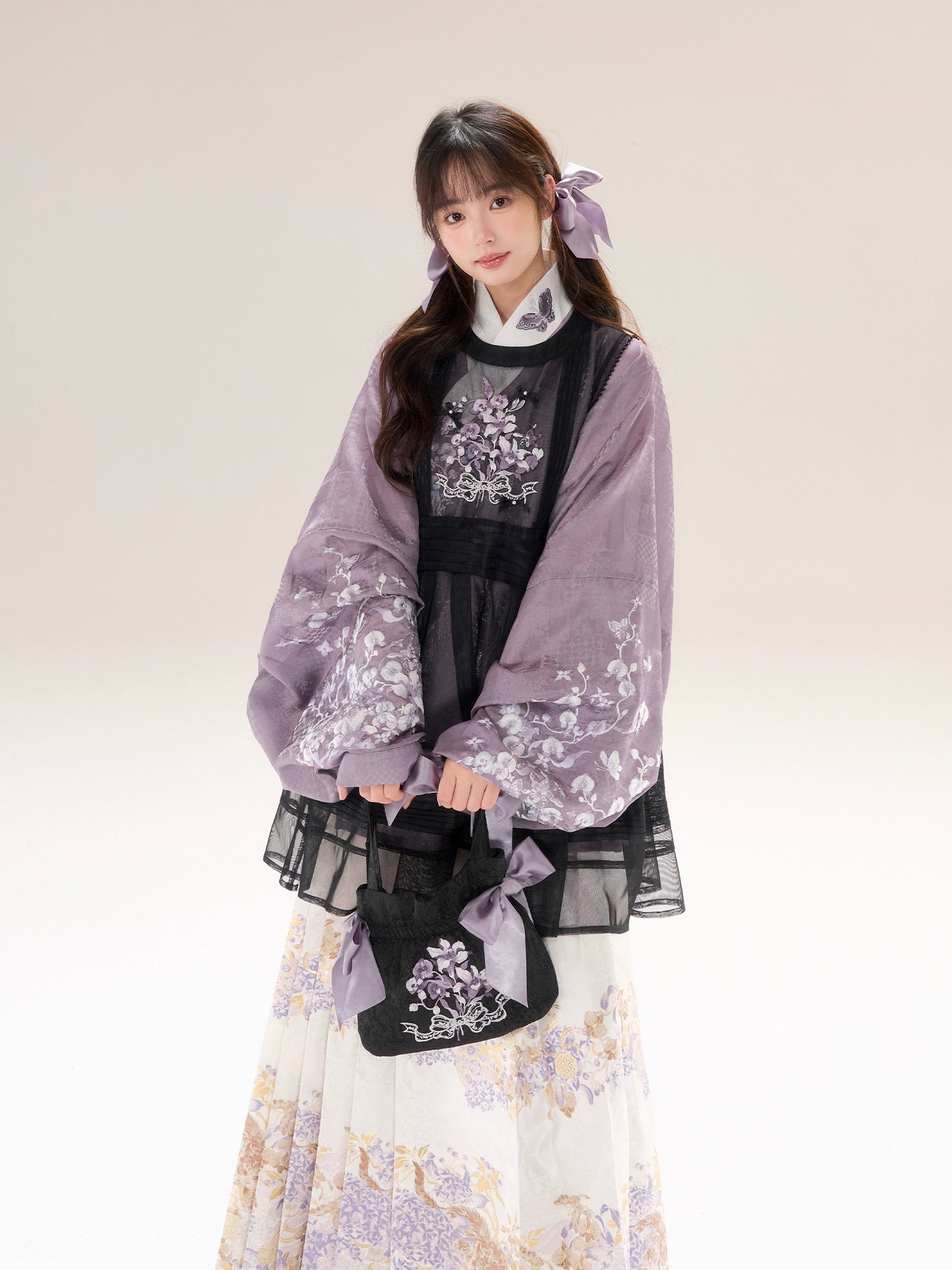 [Flower Mist] Pipa Sleeve Crossneck Shirt Ming Hanfu Women's Black Skirt Horse Skirt Set