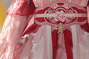 Detailed close-up of waist embroidery on Red Hanfu Dress New Chinese Feather Rust Waist Seal Suspender Skirt with tassel charm.