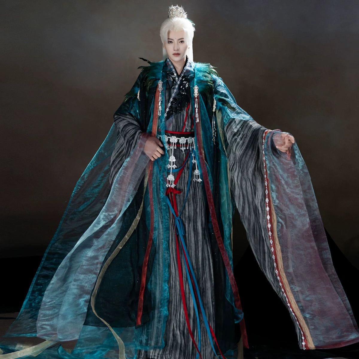Peacock blue and iridescent layered xianxia outfit — worn garment view 5