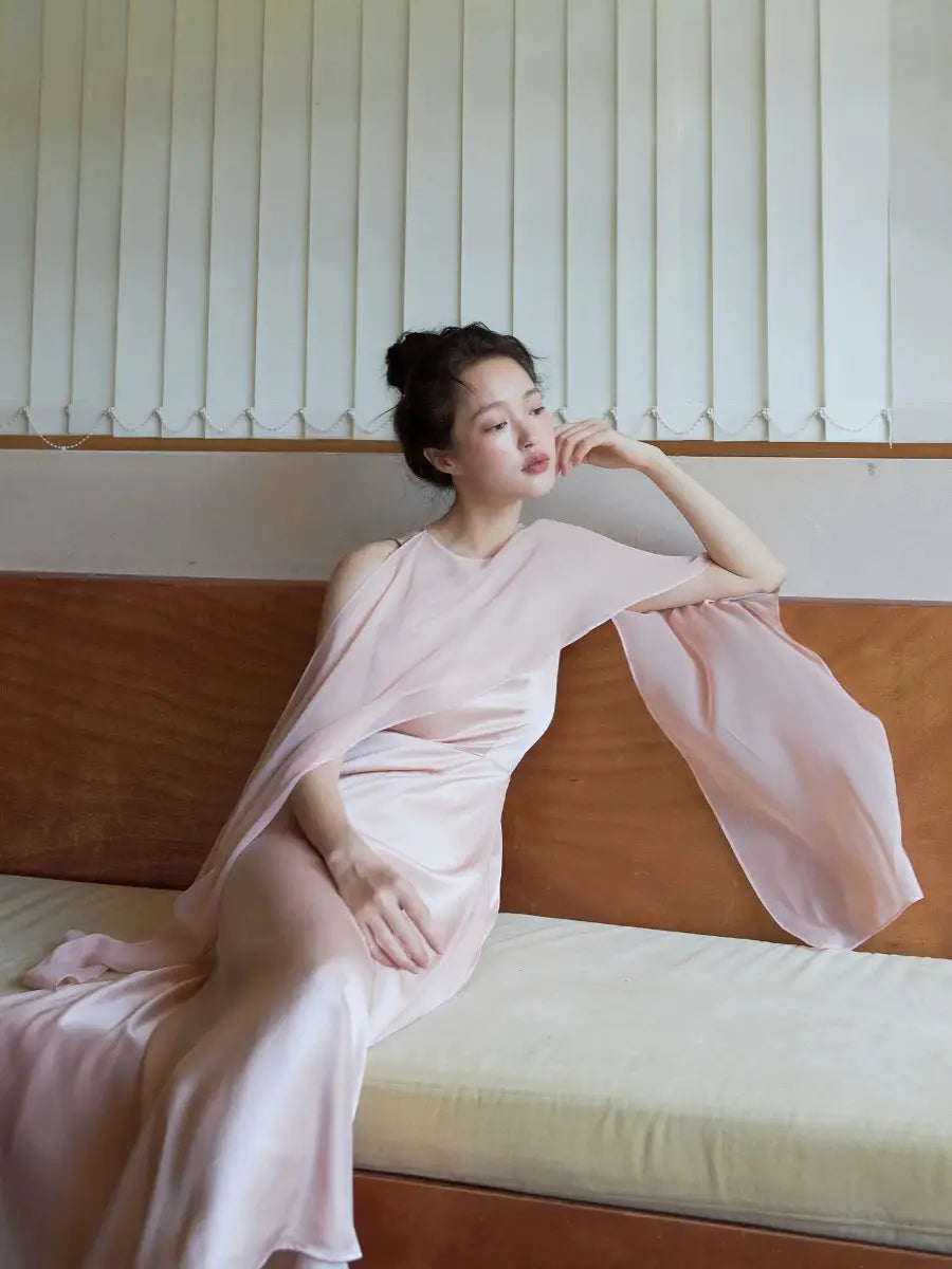 100% Acetate Mulberry Silk Modern Chinese Dress – Versatile Shawl Design, Off-Shoulder Summer Evening Gown
