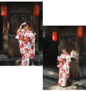 Two views of a white and red floral Japanese kimono dress, styled with traditional accessories, worn in a cultural outdoor setting.