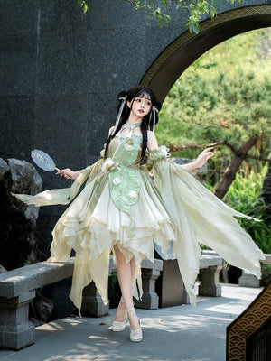 Flower Marriage Green Lolita Dress with butterfly accents and floral embroidery, styled in Chinese Lolita fashion for summer elegance.