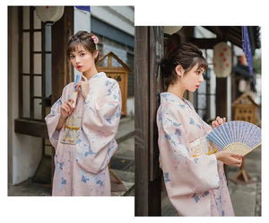 Collage of a woman in a pink yukata kimono with floral and crane designs, posing with a fan and parasol in a Japanese setting.