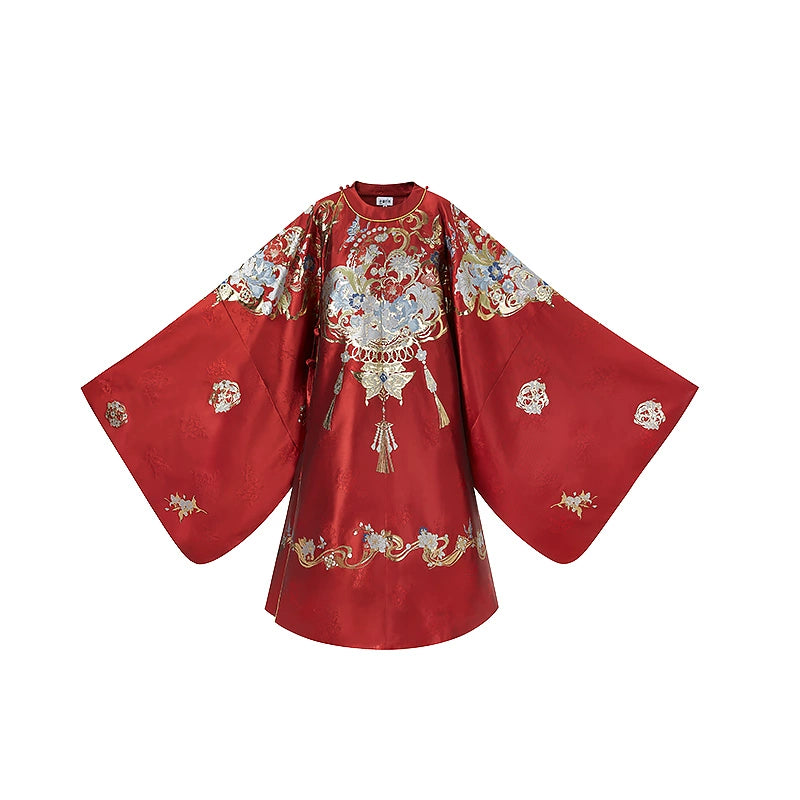 Cloud Hidden Moon Embroidery-Gilt Ming-Dynasty Flower Crew Neck Robe Wedding Clothing Hanfu Women's Spring