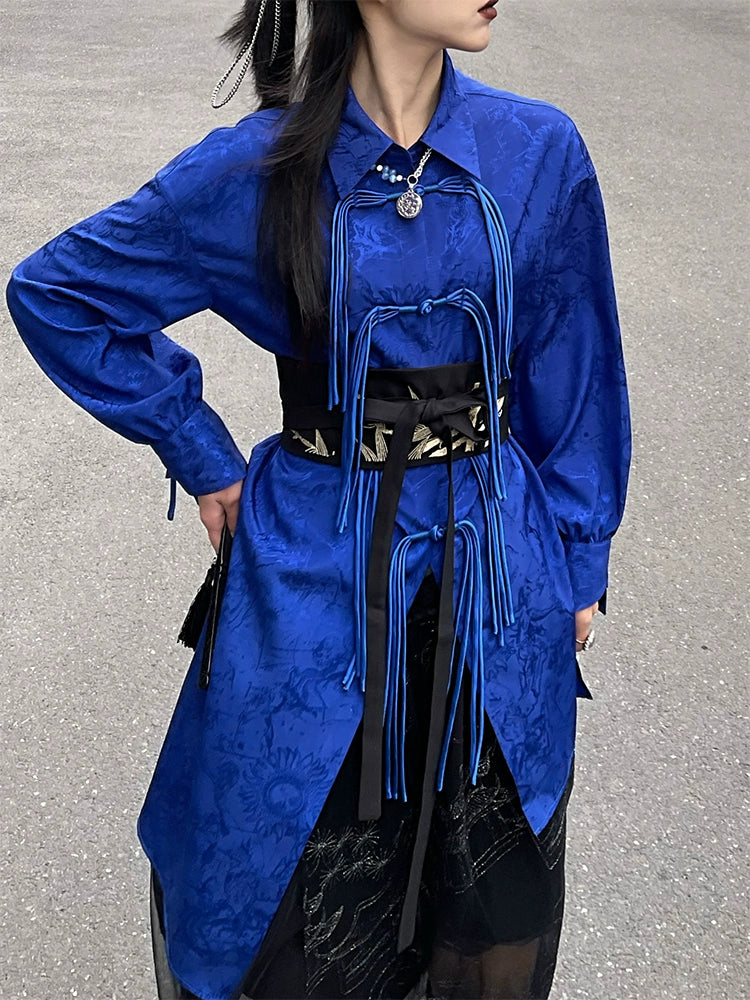 Elevate your style with our New Chinese Style Klein Blue Button-Down Shirt. This versatile piece exudes casual sophistication, perfect for any occasion. Inspired by traditional Hanfu craftsmanship, intricate embroidery adds a touch of elegance. Pair it with our black chiffon skirt for a stunning ensemble. Discover timeless style with our modern interpretation of classic elements.