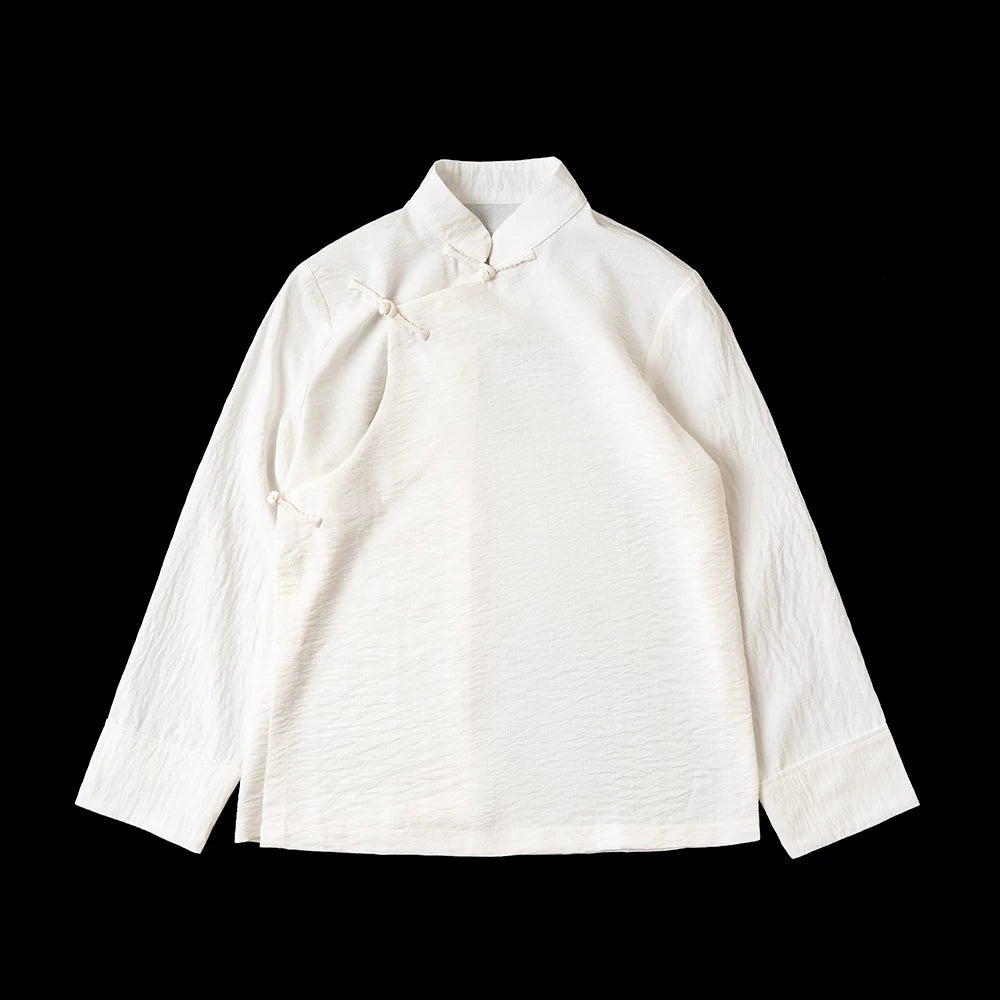 Wrinkled cotton linen white inner shirt for Tibetan robe styling