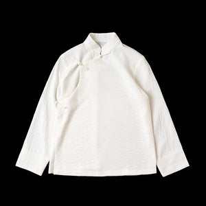 Wrinkled cotton linen white inner shirt for Tibetan robe styling