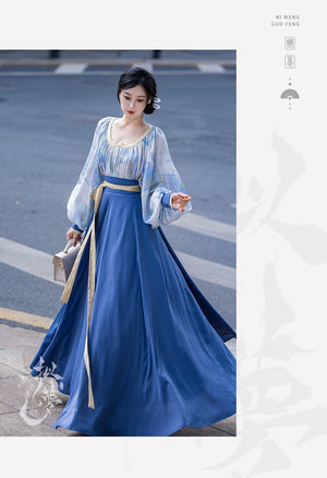 This blue modern hanfu features elegant hanfu sleeves, a stylish hanfu jacket, and timeless charm. Perfect for a princess hanfu dress, fairy hanfu dress, or casual hanfu, it suits every hanfu woman. Layer with a hanfu shirt or wear as a modern hanfu dress, inspired by Ming Dynasty hanfu. Ideal for hanfu cosplay or as a cozy winter hanfu, it’s available at our trusted hanfu shop. Wondering where to buy hanfu? Start here for authentic styles.