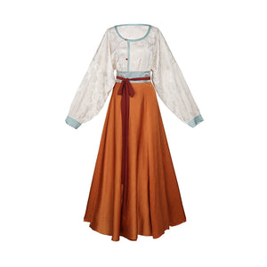 This orange modern hanfu features elegant hanfu sleeves, a stylish hanfu jacket, and timeless Ming Dynasty hanfu charm. Perfect as a princess hanfu dress, fairy hanfu dress, or casual hanfu, it’s great for hanfu cosplay or as a warm winter hanfu. Pair with a hanfu shirt or wear it as a modern hanfu dress. Shop authentic orange hanfu at our trusted hanfu shop, offering modernised hanfu and styles from the best Chinese designer clothing websites and modern Chinese clothes collections.