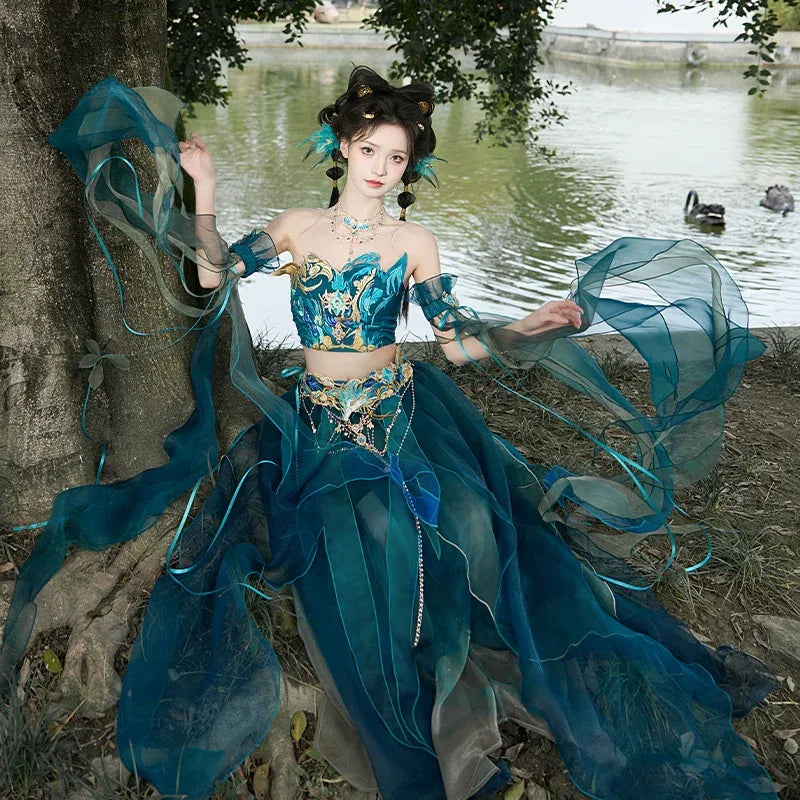 women's butterfly dress Blue Hanfu women's Dress exotic style Butterfly Cosplay Daji set (tube top + feather sleeves + special-shaped skirt + waist chain + necklace) / M