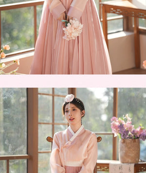 Soft pink hanbok dress with intricate details, perfect for cultural events and special occasions. A stunning representation of Korean fashion.