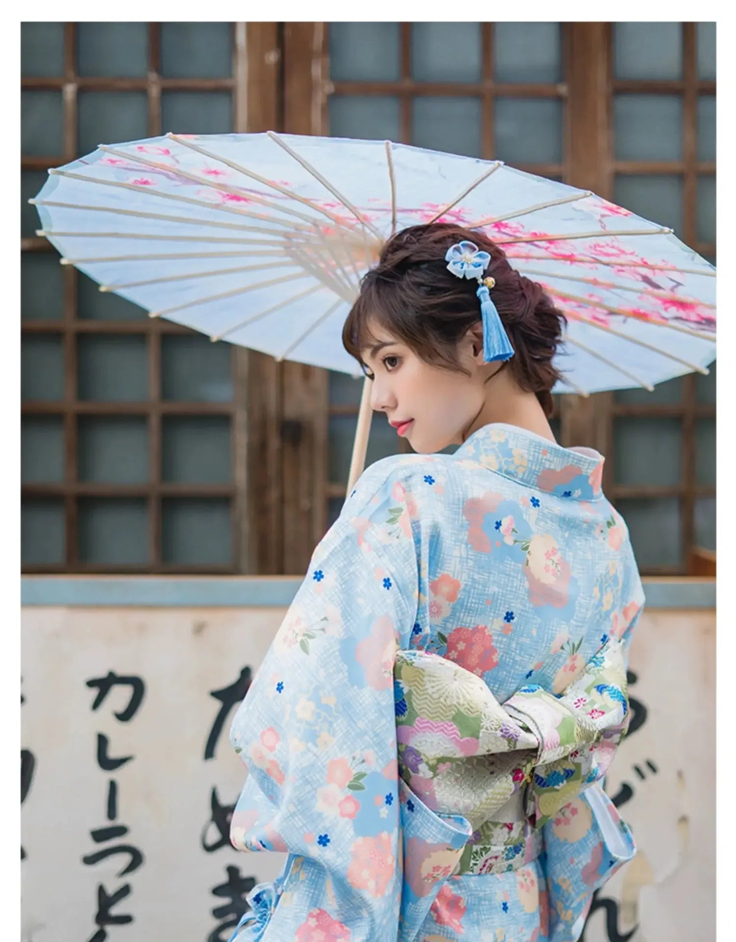 Moonlight Kimono, Light Blue Flower, Cute Girly Style Kimono Yukata, Gentle Japanese Improved Women's Kimono Dress Waist seal and inner cover are not