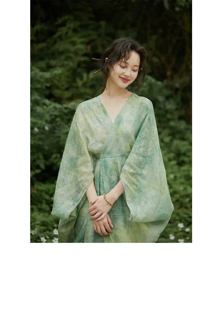 100% Ramie Modern Chinese Dress Green Tie-Dye Print with Loose Silh Green plum / S 100% Ramie Modern Chinese Dress Green Tie-Dye Print with Loose Silh Green plum / S