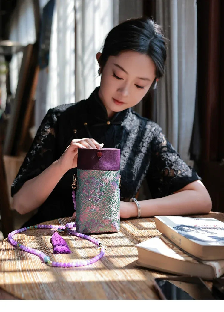 Floral Motif Bag | Color-Block Canvas Crossbody with Beaded Strap - Yandan_Hanfu