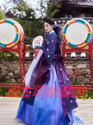 Blue&Purple Korean Hanbok Princess Dress – Women's Traditional Joseon-Style Outfit for Photoshoots & Special Occasions