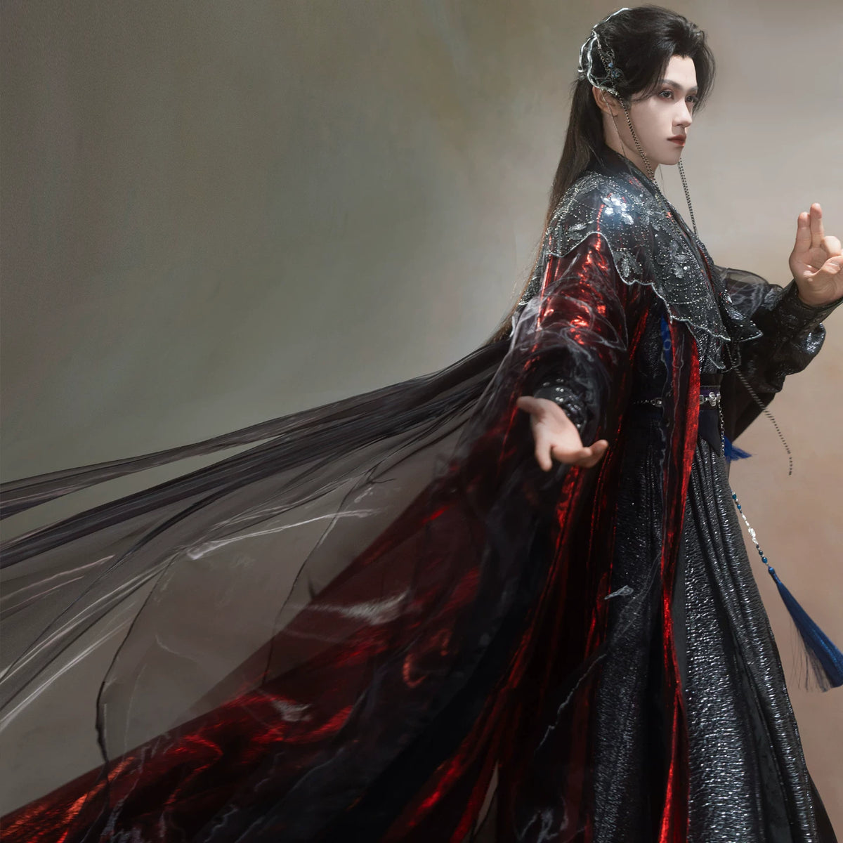Black and red layered wuxia robe outfit — worn garment view 2