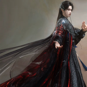 Black and red layered wuxia robe outfit — worn garment view 2
