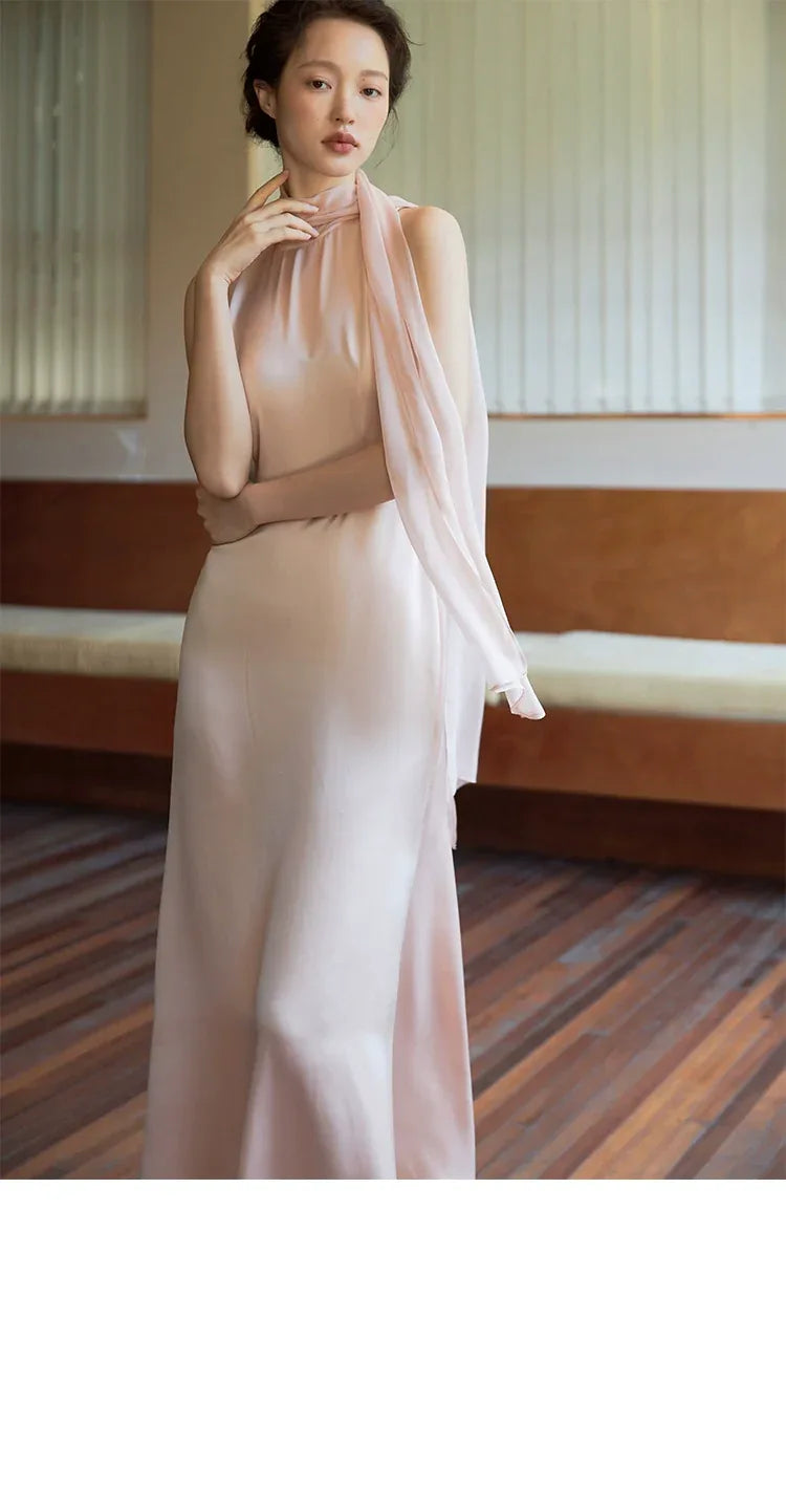 100% Acetate Mulberry Silk Modern Chinese Dress – Versatile Shawl Design, Off-Shoulder Summer Evening Gown