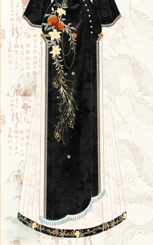 Illustration of black cheongsam dress with floral embroidery and cream pleated skirt, showcasing traditional Hanfu style.