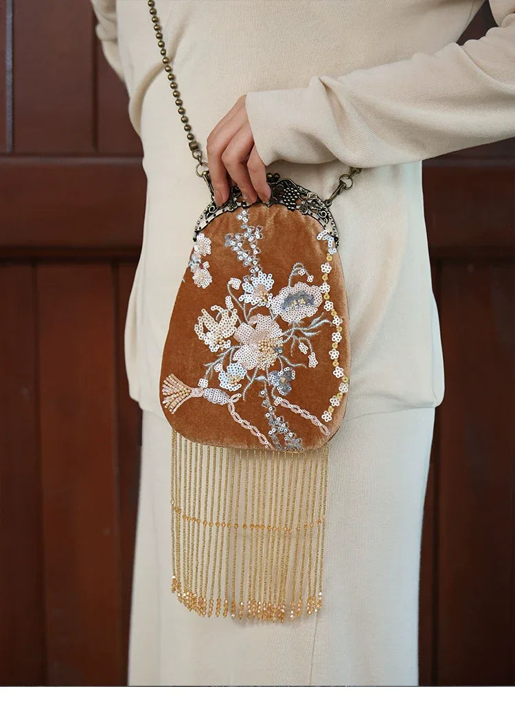 Brown Velvet Evening Clutch | Hand-Embroidered with Elegant Fringe Qipao Bag - Yandan_Hanfu